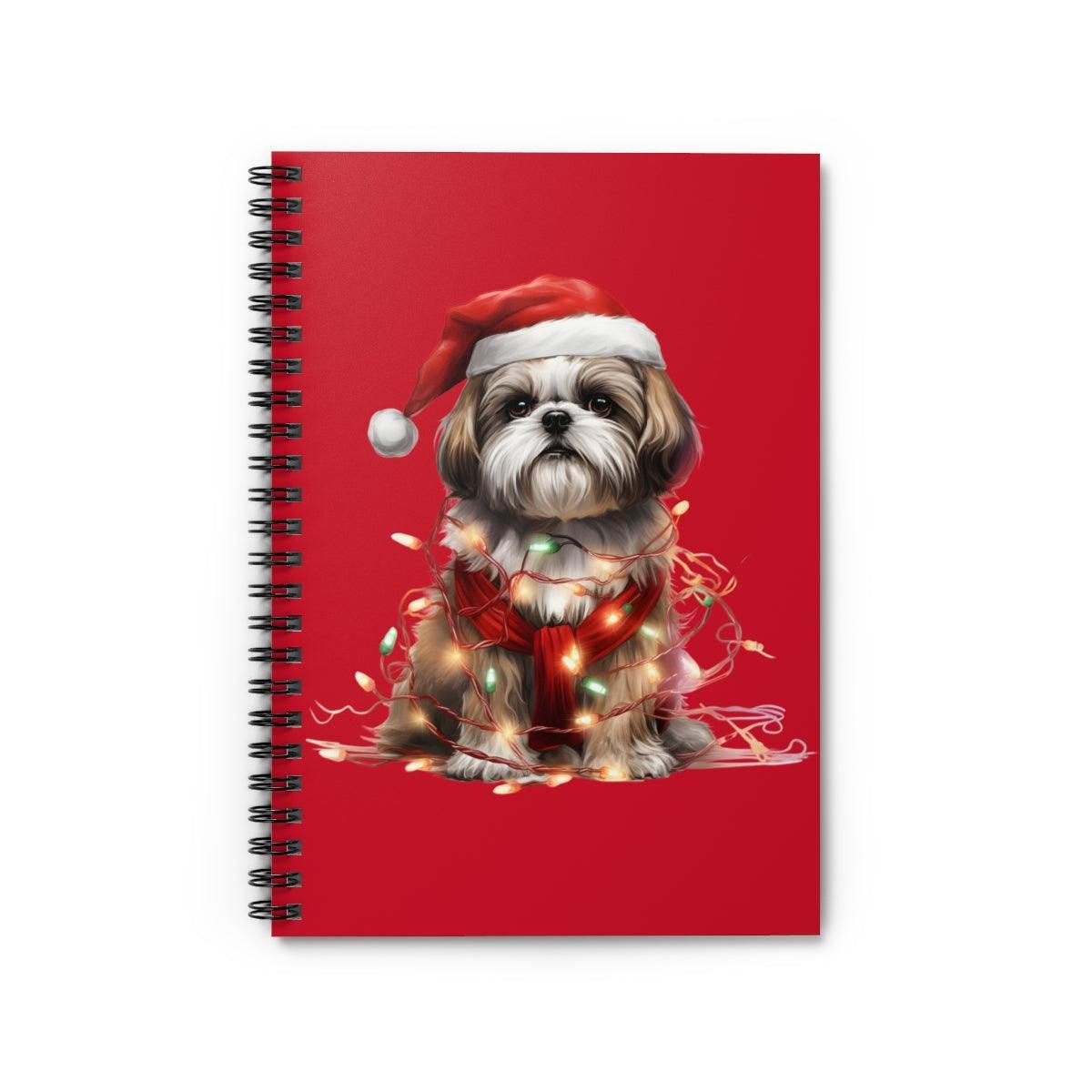 Shih Tzu Wearing a Christmas Hat and Wrapped in Lights Spiral Notebook - Shih Tzu Gifts