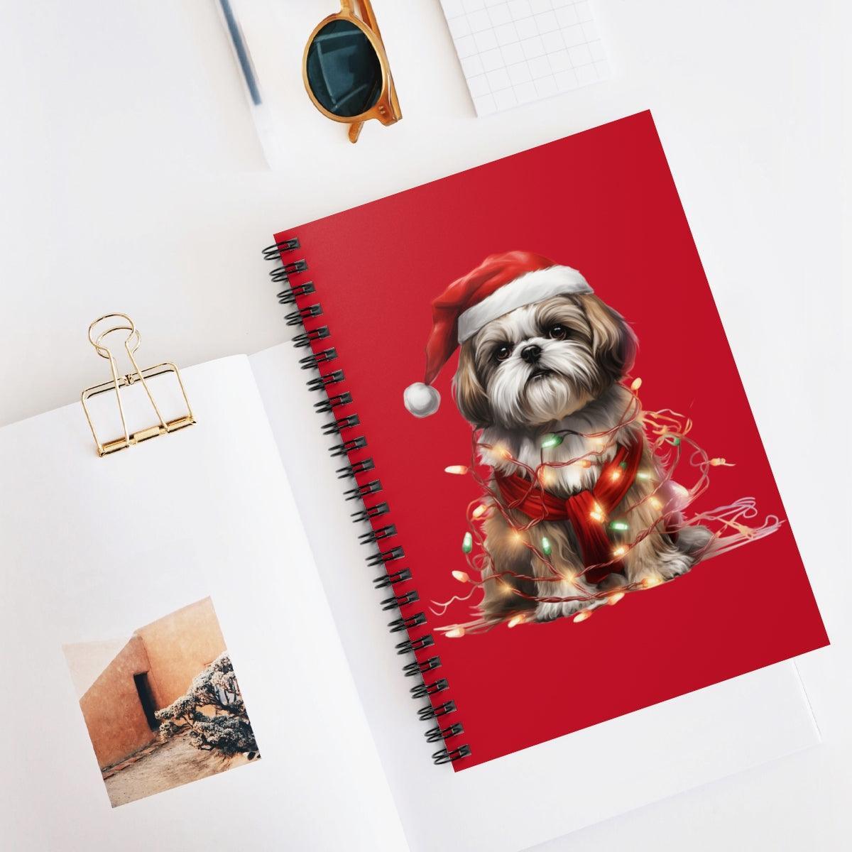 Shih Tzu Wearing a Christmas Hat and Wrapped in Lights Spiral Notebook - Shih Tzu Gifts