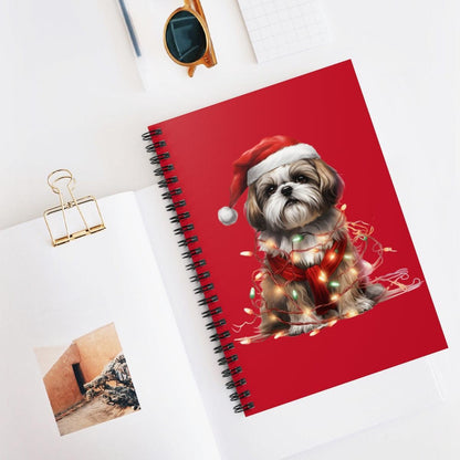 Shih Tzu Wearing a Christmas Hat and Wrapped in Lights Spiral Notebook - Shih Tzu Gifts