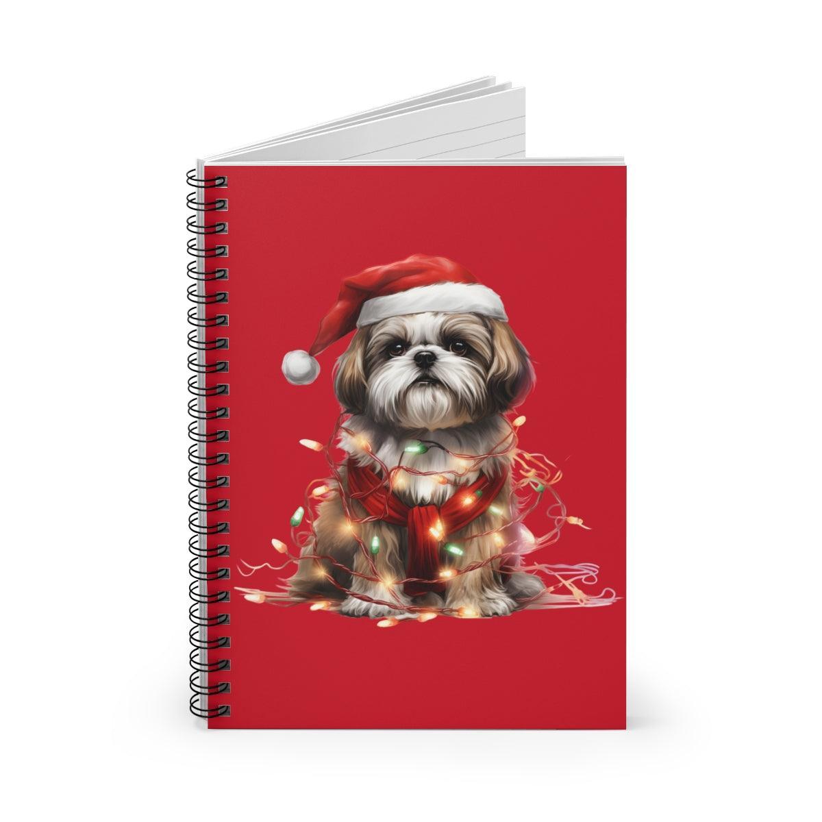 Shih Tzu Wearing a Christmas Hat and Wrapped in Lights Spiral Notebook - Shih Tzu Gifts