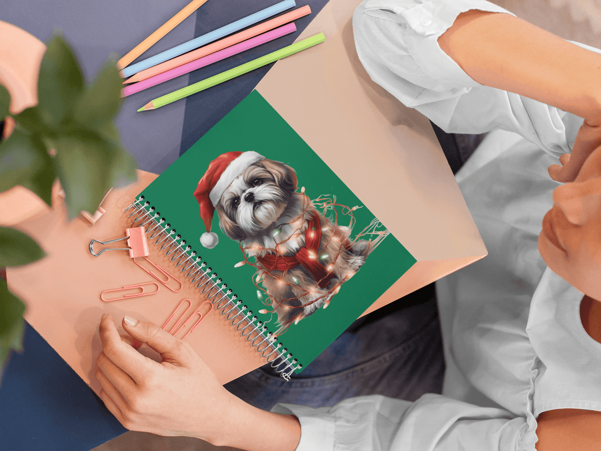 Shih Tzu Wearing a Christmas Hat and Wrapped in Lights Spiral Notebook - Shih Tzu Gifts