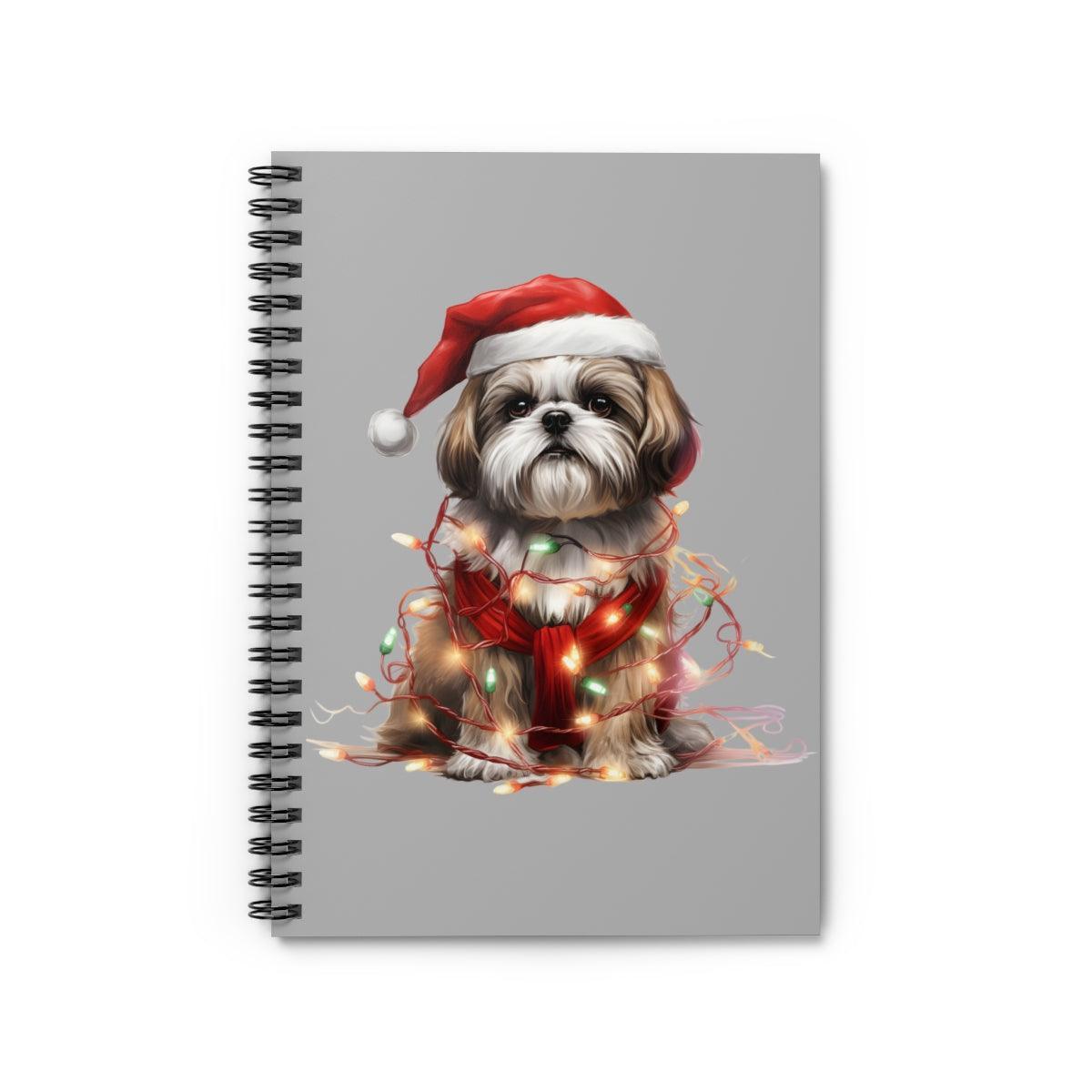Shih Tzu Wearing a Christmas Hat and Wrapped in Lights Spiral Notebook - Shih Tzu Gifts