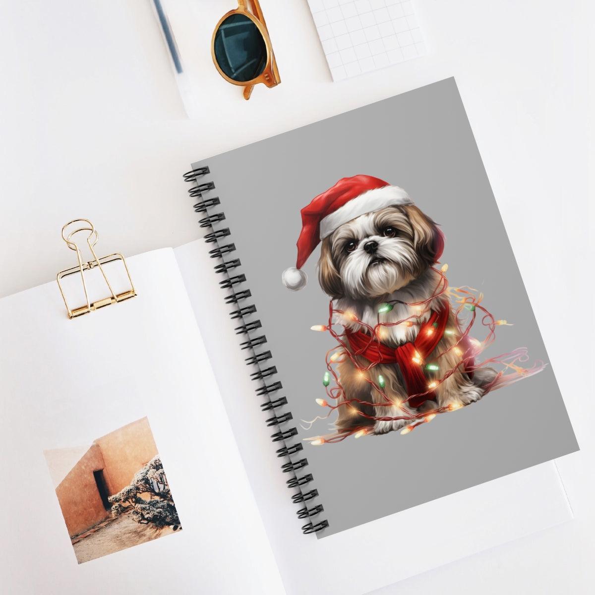 Shih Tzu Wearing a Christmas Hat and Wrapped in Lights Spiral Notebook - Shih Tzu Gifts