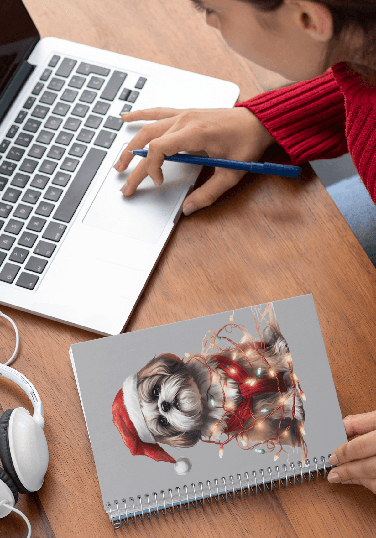 Shih Tzu Wearing a Christmas Hat and Wrapped in Lights Spiral Notebook - Shih Tzu Gifts