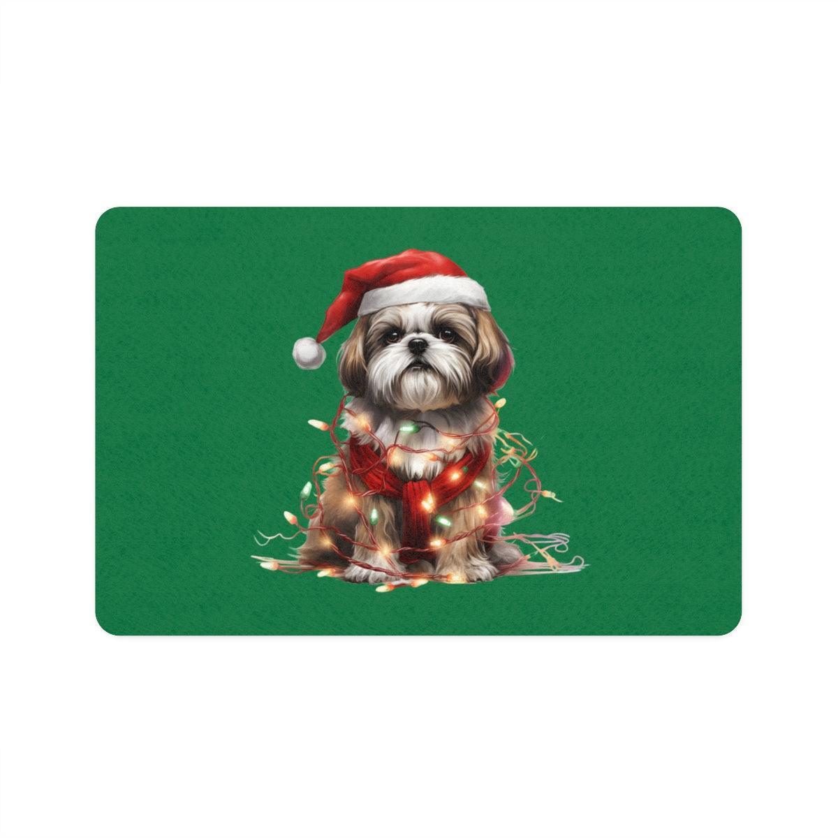 Shih Tzu Wearing a Christmas Hat and Wrapped in Lights Pet Food Mat - Shih Tzu Gifts