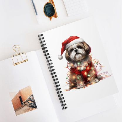 Shih Tzu Wearing a Christmas Hat and Wrapped in Lights Spiral Notebook - Shih Tzu Gifts