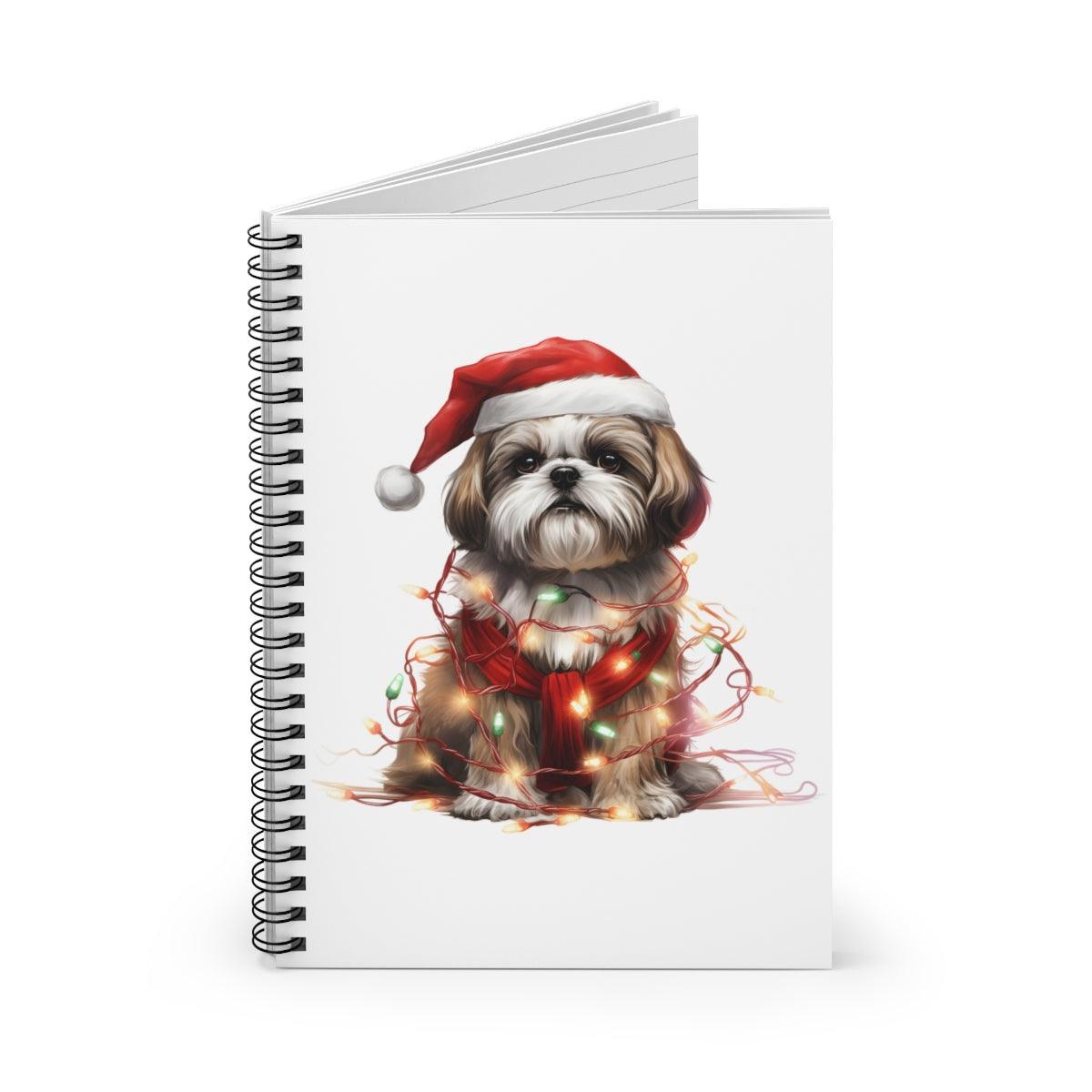 Shih Tzu Wearing a Christmas Hat and Wrapped in Lights Spiral Notebook - Shih Tzu Gifts