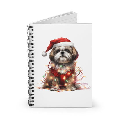 Shih Tzu Wearing a Christmas Hat and Wrapped in Lights Spiral Notebook - Shih Tzu Gifts