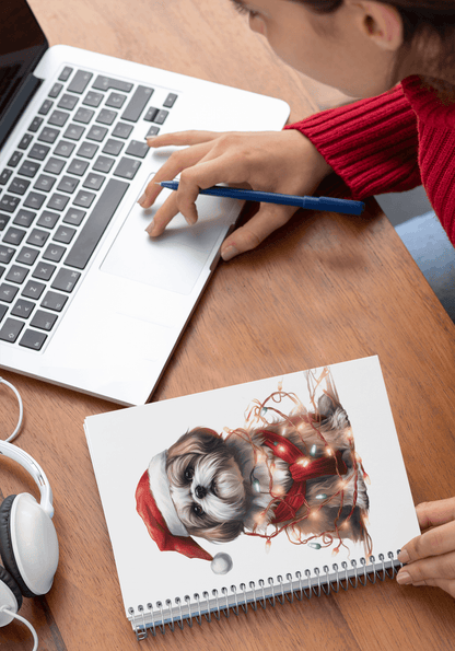 Shih Tzu Wearing a Christmas Hat and Wrapped in Lights Spiral Notebook - Shih Tzu Gifts